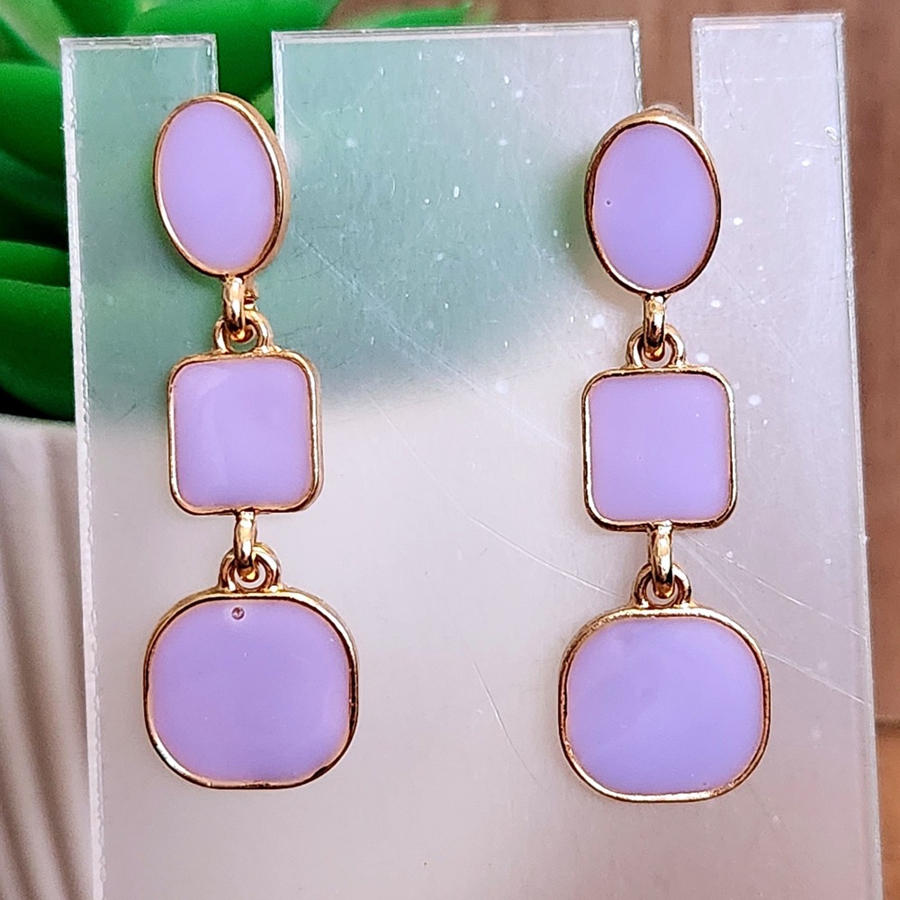 Lavender Enamel Gold Tone Geometric Triple Drop Dangle Post Earrings 1.75"